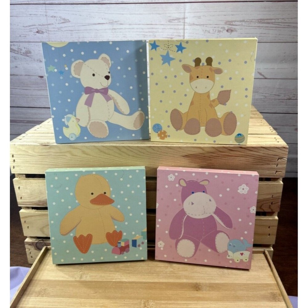 Nursery Room Decor 4 Piece Picture 6” X 6” Paper wrapped Squares Pastel Colors